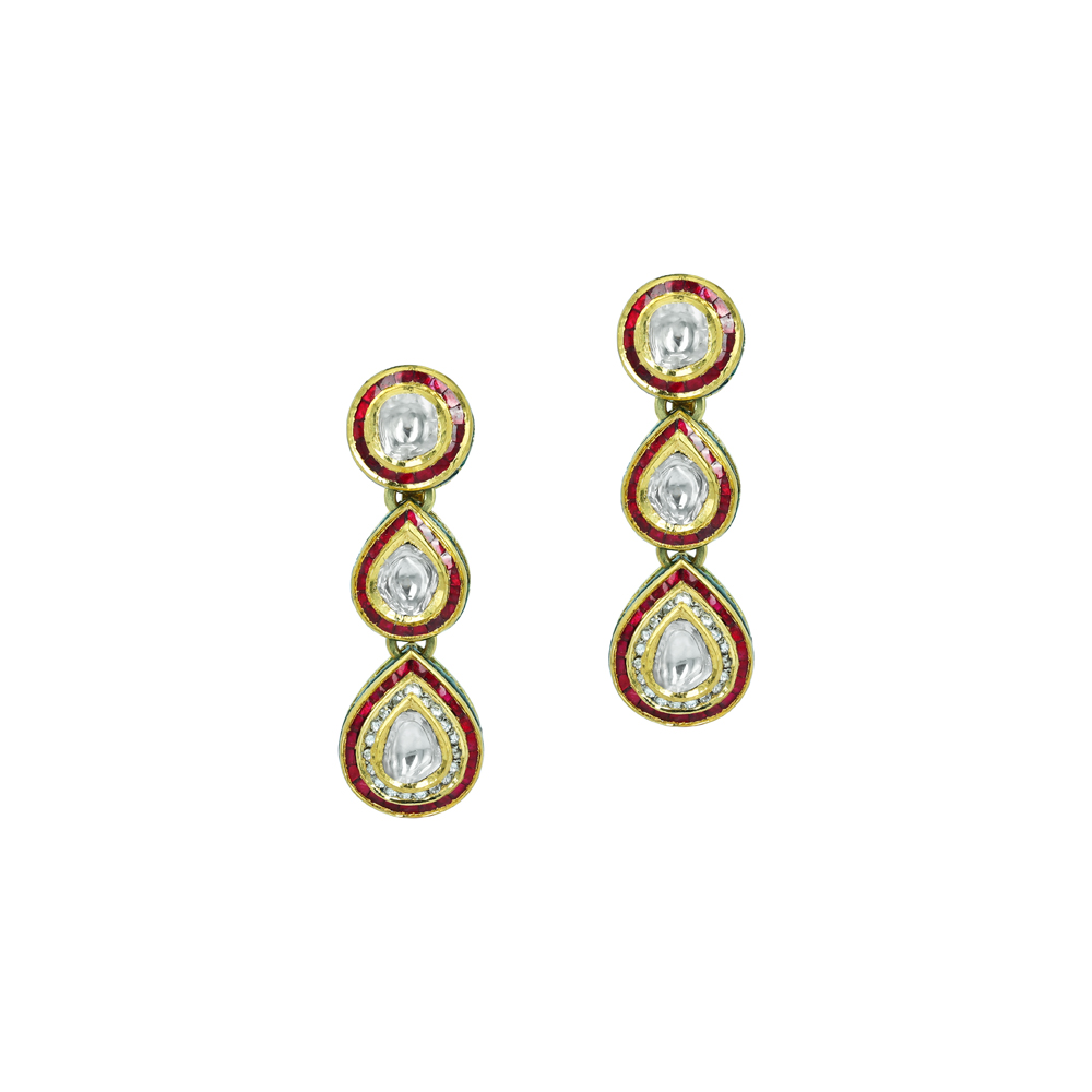 Polki Earrings with Red Stones, Green Enamel, and Teardrops